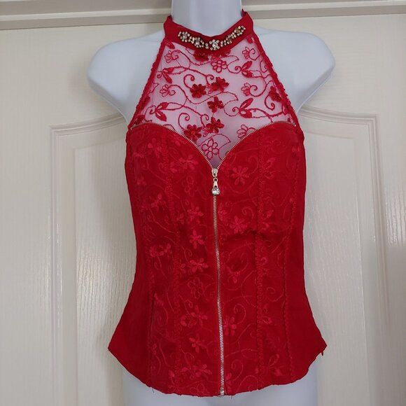 Lydia Tops - Lydia Red Crystal Beaded Lacy  Halter Top Large